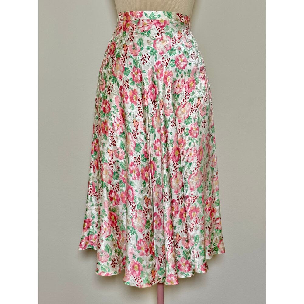1990s Vintage Maggy London 100% Silk Floral Midi Skirt Romantic Cottagecore